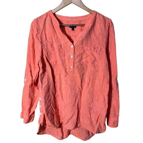 Talbots Side Button Linen Band Collar Popover Size Medium - Picture 2 of 9